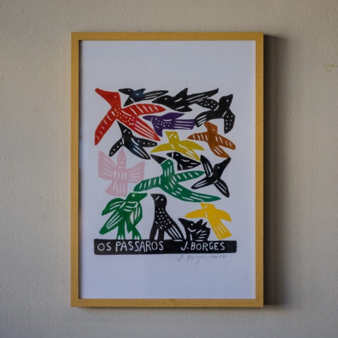 Quadro Xilogravura J. Borges: Os Pássaros Cores(M)