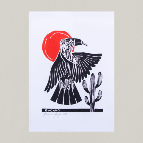 Xilogravura Bacaro Borges: Carcará Vermelho (P)