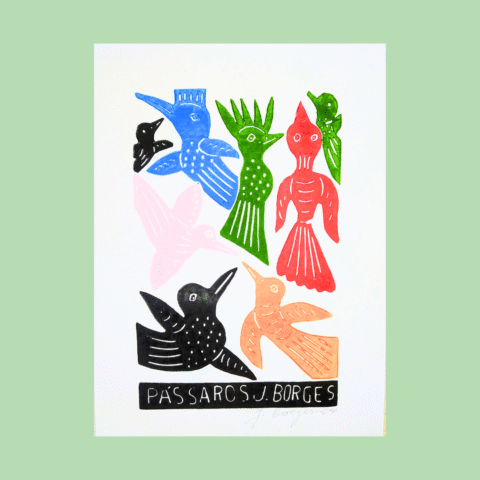 Xilogravura assinada por J. Borges: Pássaros (P)