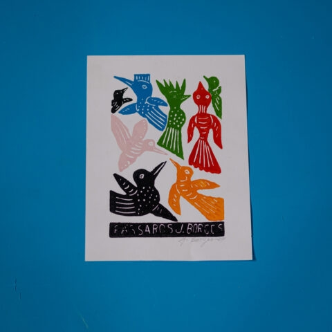 Xilogravura assinada por J. Borges: Pássaros (P)