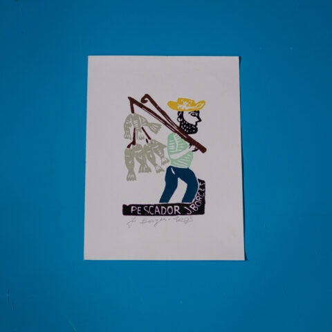 Xilogravura assinada por J. Borges: Pescador (P)