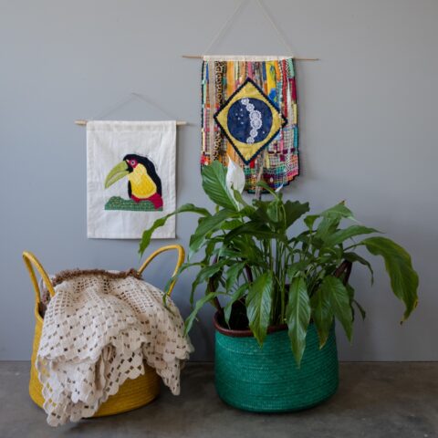 Cesto Redondo de Palha – Verde alça Marrom