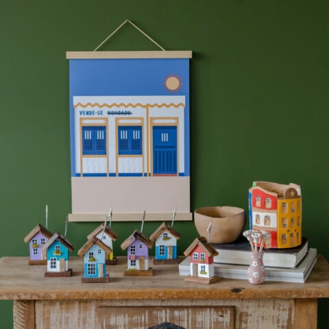 Porta-Recados Casinha em Madeira Azul Turquesa e Branco
